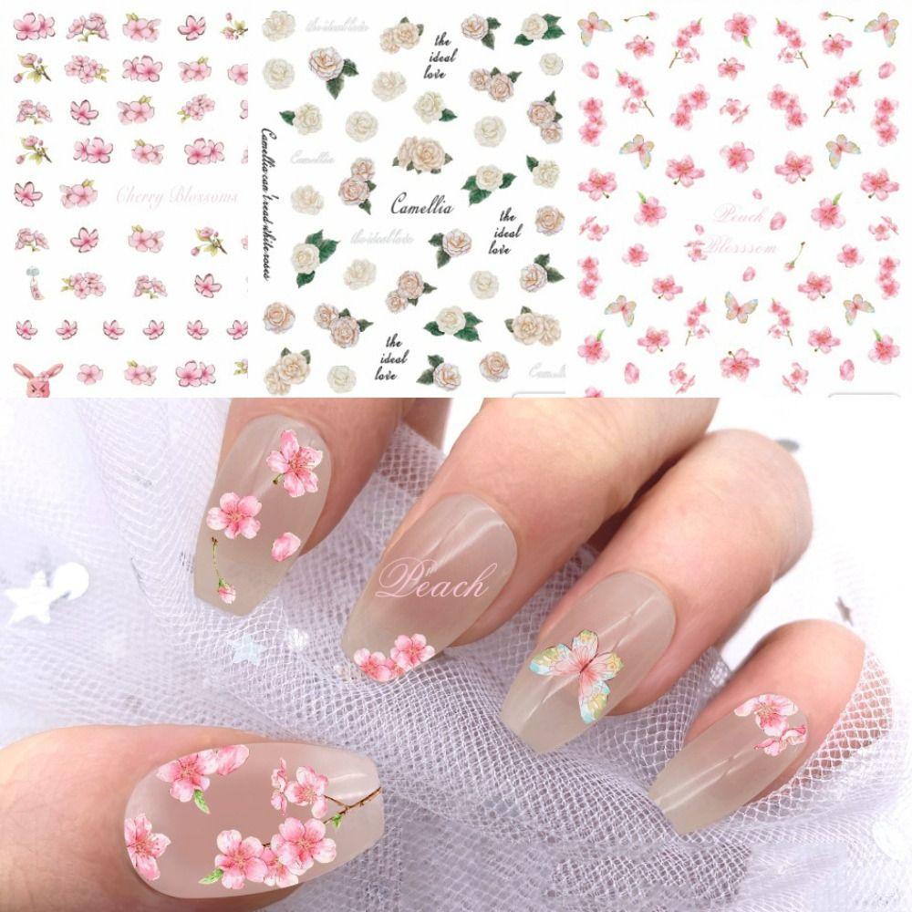 Needway Stiker Kuku Equinox Bunga Dengan Lem Punggung Peach Blossom Vintage Rose Sakura Nail Art Dekorasi