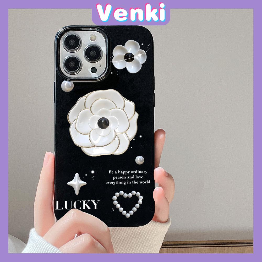 VENKI - For iPhone 11 iPhone Case Black Glossy TPU Soft Case Shockproof Protection Camera White Flowers Compatible with iPhone 14 13 Pro max 12 Pro Max xr xs max 7Plus 8Plus