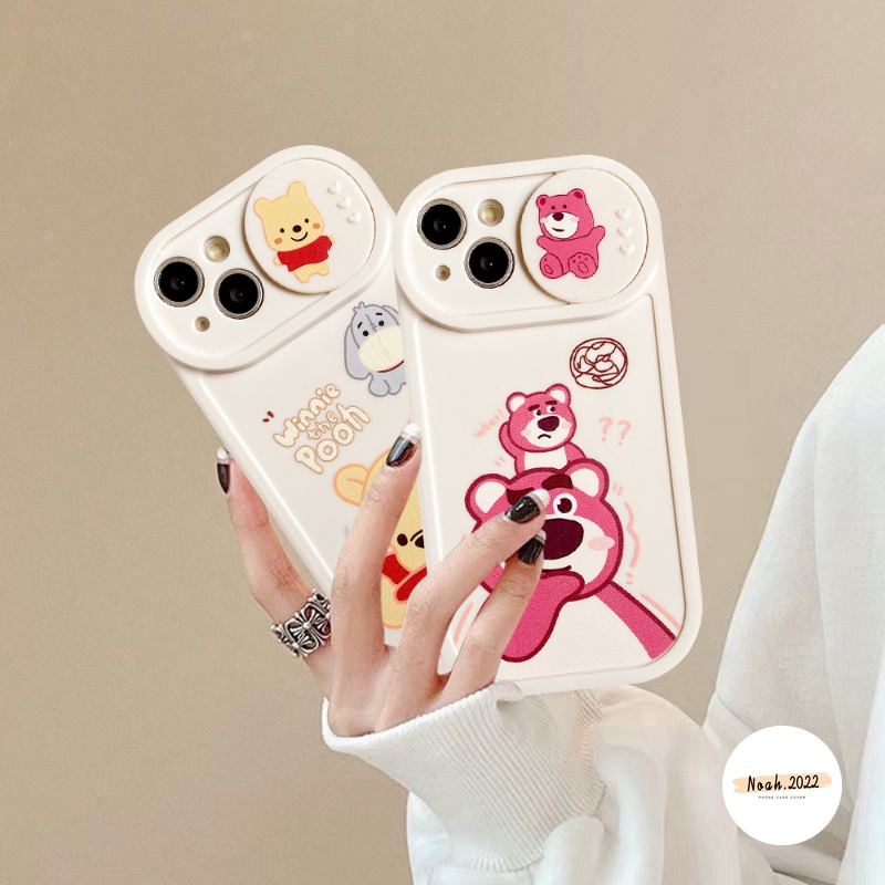 Case Pasangan Disney Kompatibel Untuk IPhone 7Plus 8Plus XR 11 12 13 Pro MAX X XS MAX Kartun Strawberry Bear Manyo Lucu Winnie the Pooh Tarik Jendela Kamera Perlindungan Soft Cover