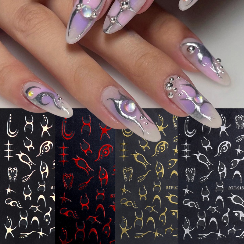 Indah Garis Geometris Api Stiker Kuku 3D Tahan Lama Self-Adhesive Nail Decals Gold Bronzing Gothic Manicure Decor