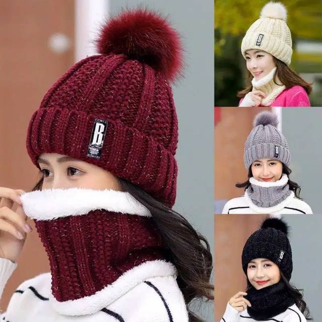 Winter Knitted Beanie Pompom Scarf Set Woman Kids Fur Inside / Topi Kupluk + Syal Rajut Wanita Anak