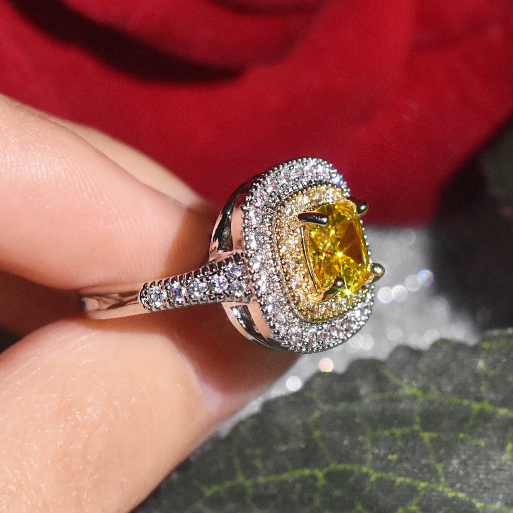 Goldkingdom Aksesoris Perhiasan Fashion Ready Stock, Moissan Lapis Platinum, Cincin Set Grup Persegi, Cincin Berlian Putri Berlian Kuning, Cincin Wanita