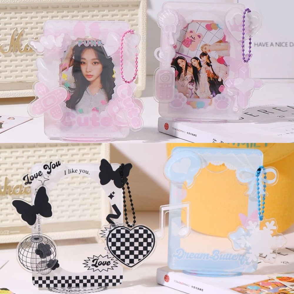 Cute Bow 3inch Acrylic Frame Foto Dengan Liontin Idol Display Card Holder Photocard Pelindung Dekorasi Meja