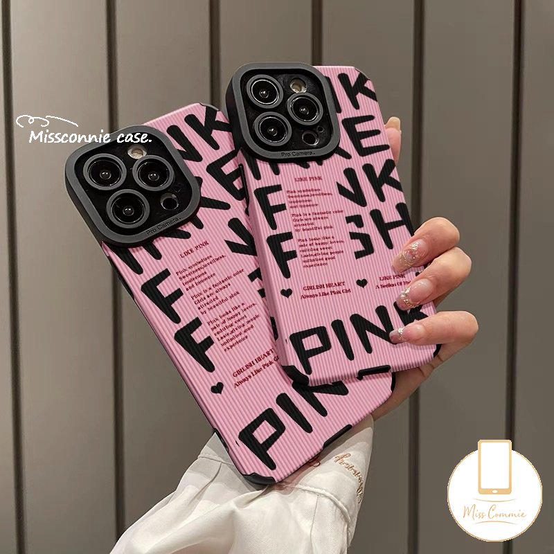 Casing Tekstur Kulit Mewah Kompatibel Untuk iPhone 7Plus XR 14 11 13 12 Pro MAX X 7 8 Plus XS MAX Retro Trendi Merek Simple Pink Huruf Inggris Lembut Silicon Phone Cover