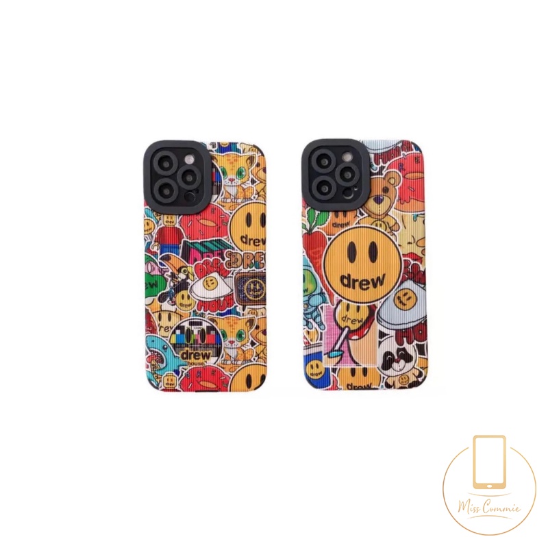 IPHONE Graffiti Lucu Kartun Beruang Smiley Phone Case Kompatibel Untuk Iphone11 Pro Max XR 13 14 12 Pro Max X XS Max7 8 Plus Kulit Tekstur Mewah Trendi Merek Drew House Soft Cover