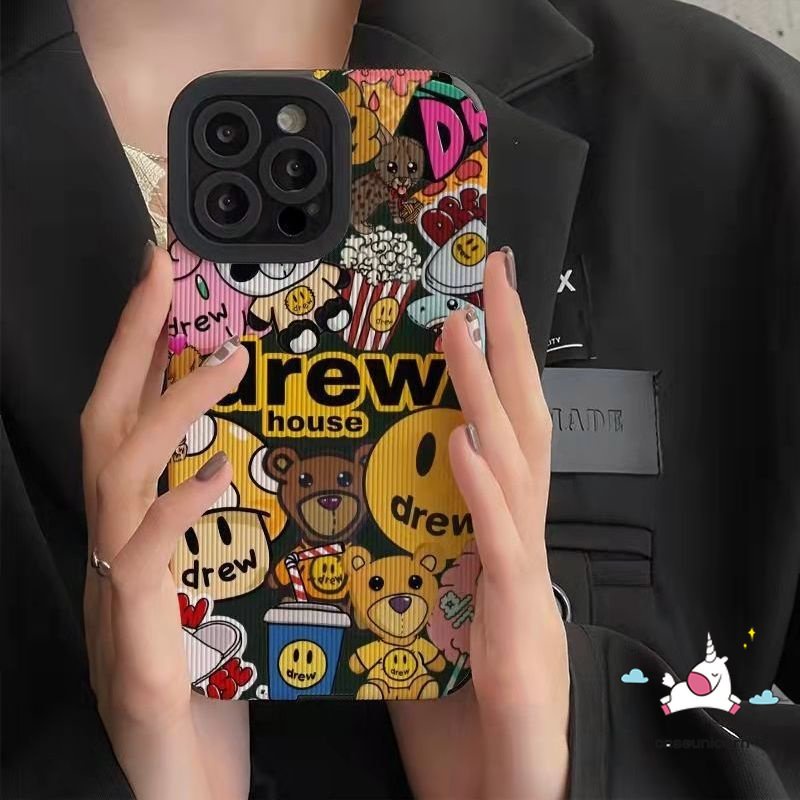 IPHONE Casing Kompatibel Untuk Iphone11 14 12 13 Pro MAX XR 7Plus 8Plus 7 8 Plus X XS MAX Kartun Lucu Smiley Face Binatang Lucu Beruang Tekstur Kulit Mewah Silicon Lembut Shockproof Case