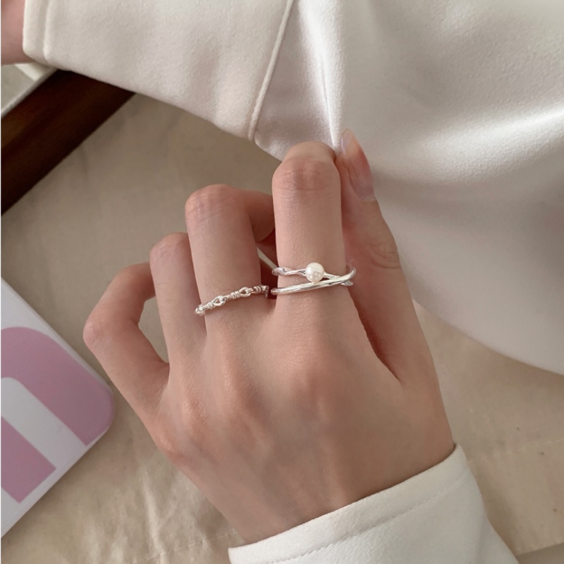 Papaozhu Chic s925 Perak Geometris Silang Cincin Mutiara Untuk Wanita Gadis Halus Berongga Simpul Jari Rings Adjustable Trendi Perhiasan Hadiah