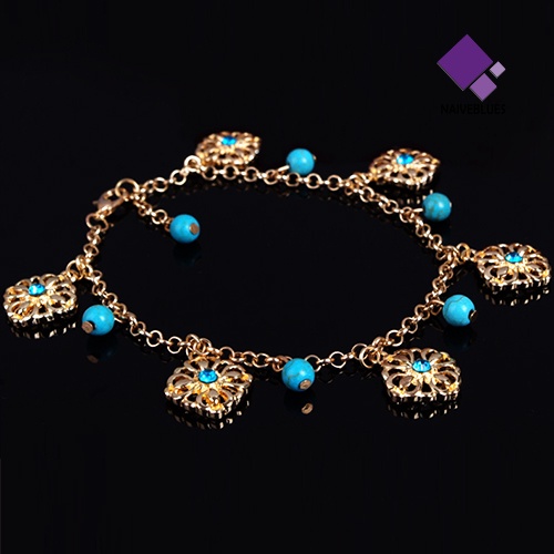 &lt; Naiveblues &gt; Gelang Kaki Rantai Kaki Boho Double Layers Rhinestone Flower Turquoise