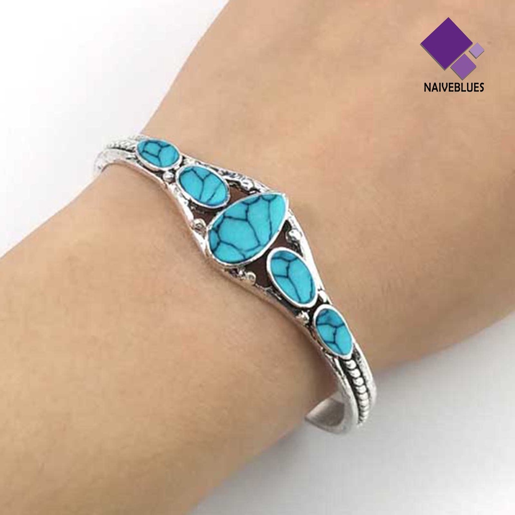 &lt; Naiveblues &gt; Pembukaan Ukir Berongga Keluar Cuff Gelang Vintage Turquoises Wanita Aksesoris Fashion