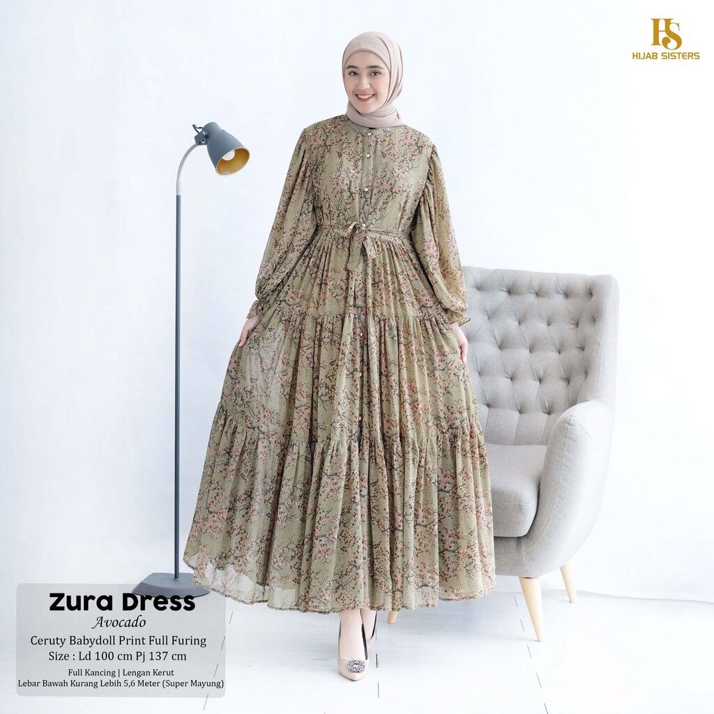 ZURA Dress ORI HIJAB SISTER - Gamis Terbaru Ceruty Babydoll Print Full Furing Bunga-Bunga LD 100