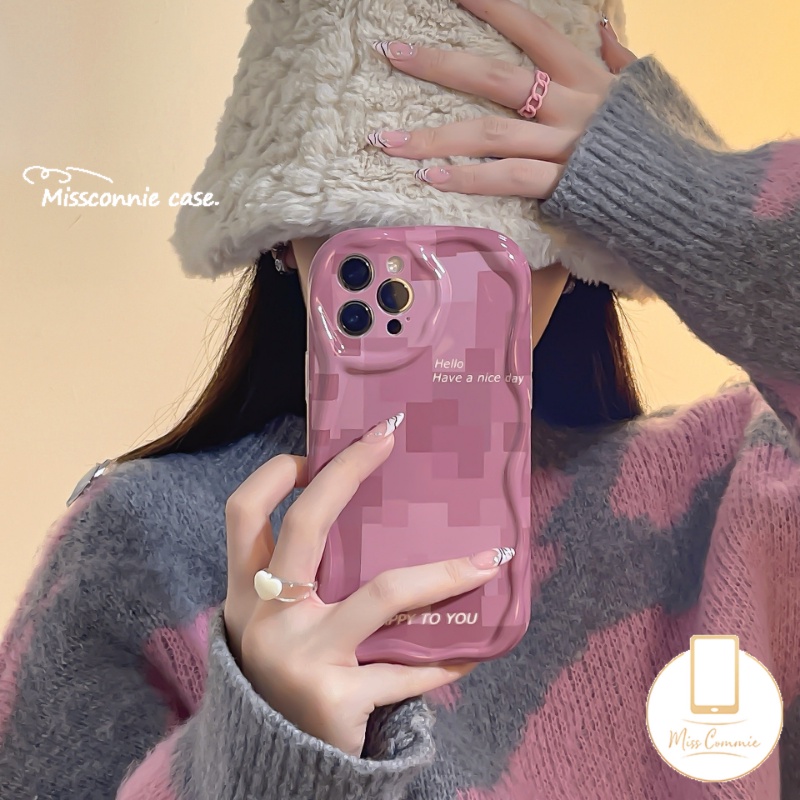 IPHONE Shockproof Phone Cover Kompatibel Untuk Iphone11 14 12 13 Pro Max X7 8 6s 6 Plus XR XS Max SE 2020 7Plus Kreatif Rose Pink Lattice 3D Wavy Curved Edge Soft Glossy Case