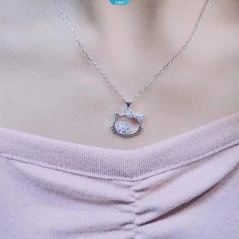 Sanrio Kalung Hello Kitty Kawaii Lucu Kartun Klavikula Rantai Kucing Dan Berlian Cincin Liontin Sterling Silver Gadis Manis Hadiah Ulang Tahun [ZK]