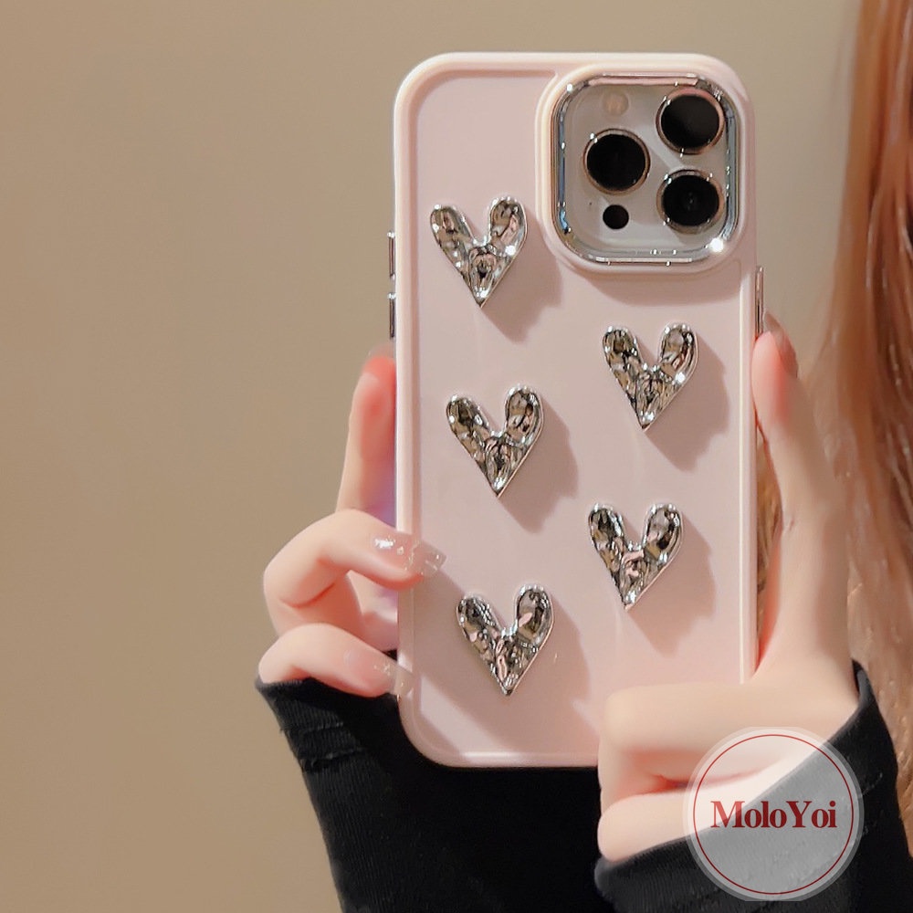 IPHONE Casing Persegi Plating Cinta Hati 3D Kompatibel Untuk Iphone11 13 14 12 Pro MAX 7Plus XR X 8Plus XS MAX Mewah Mode Canggih Sederhana Warna Solid Macaron Warna Permen Lembut Ponsel Cover