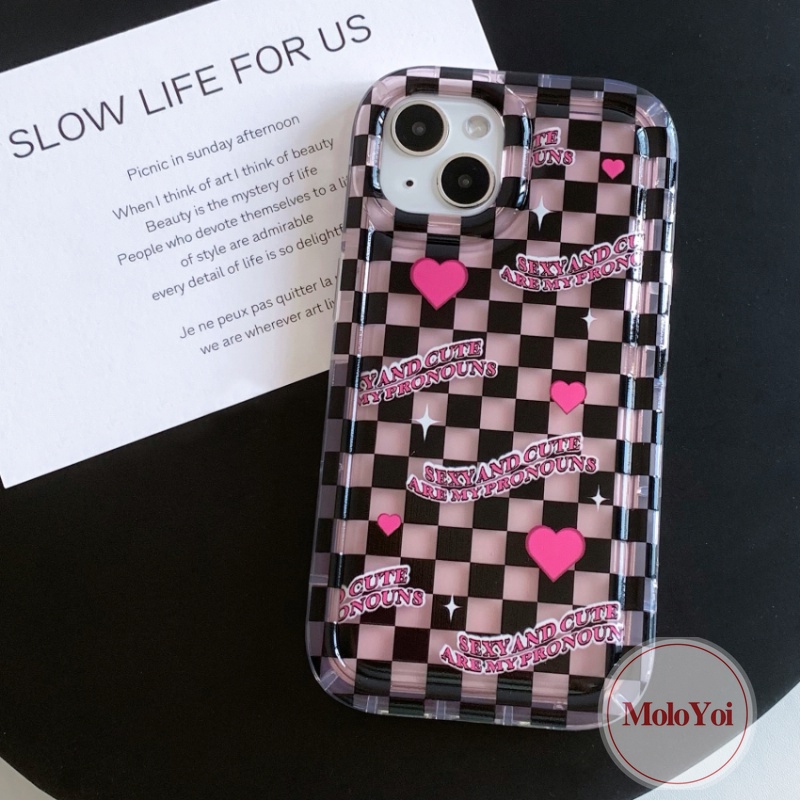 3d Cinta Hati Liontin Case Kompatibel Untuk IPhone 7Plus XR 11 14 13 12 Pro MAX 6 6S Plus X XS MAX Kawaii Korea Lucu Kotak-Kotak Kisi Shockproof Bening Lembut TPU Airbag Penutup Belakang