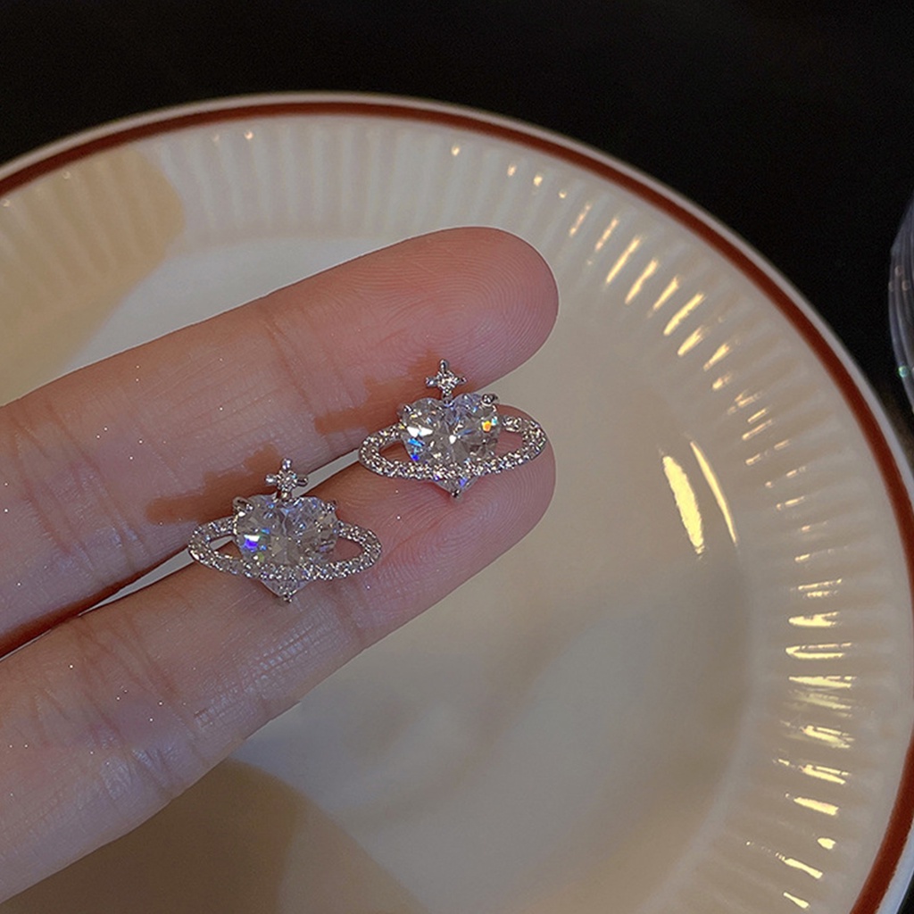 Anting Kristal Berlian Imitasi Simple Planet Love Anting Perhiasan Temperamen Perak Untuk Anak Perempuan