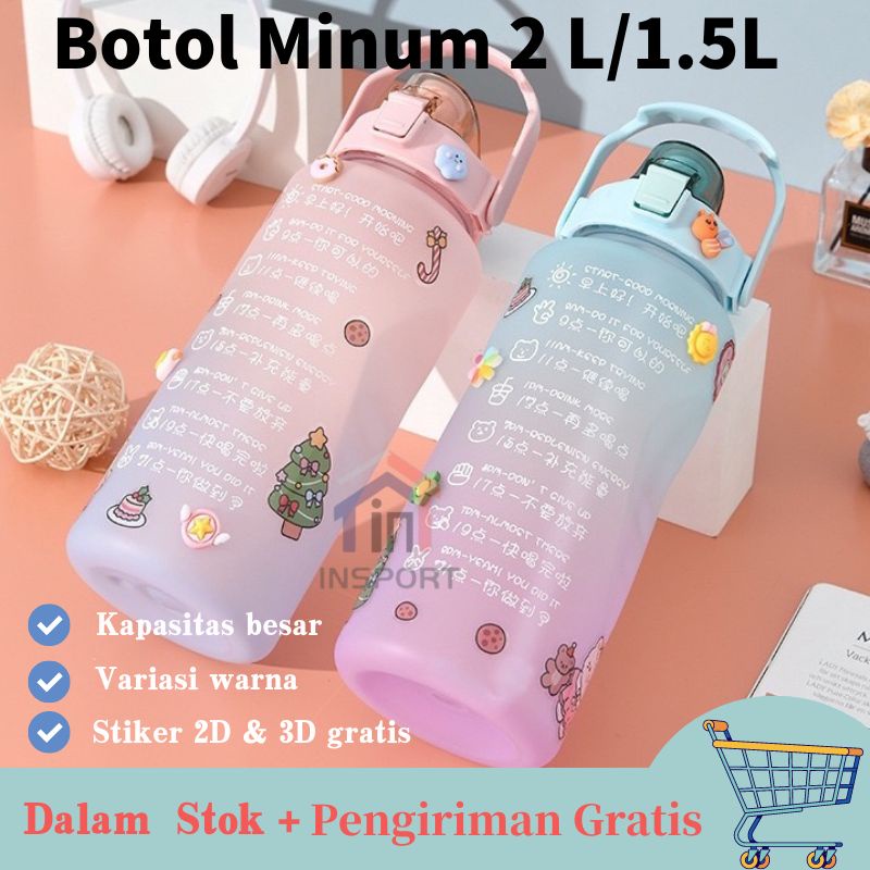 【Stiker 2D &amp; 3D Gratis】Botol Motivasi Viral Warna Pelangi 2L Korea Bottle Jumbo 2000ML Free Sticker