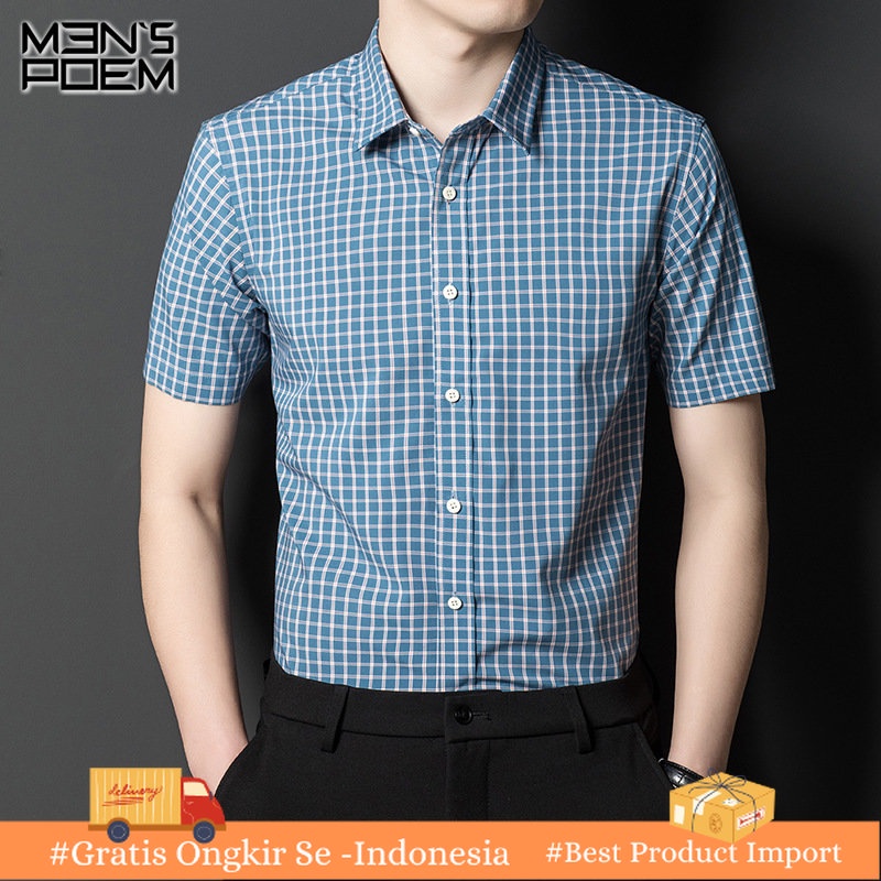 Kemeja Pria Baju Pria Musim Panas, Baju Kardigan Lengan Pendek Kotak-kotak, Gaya Korea, Atasan Lenga