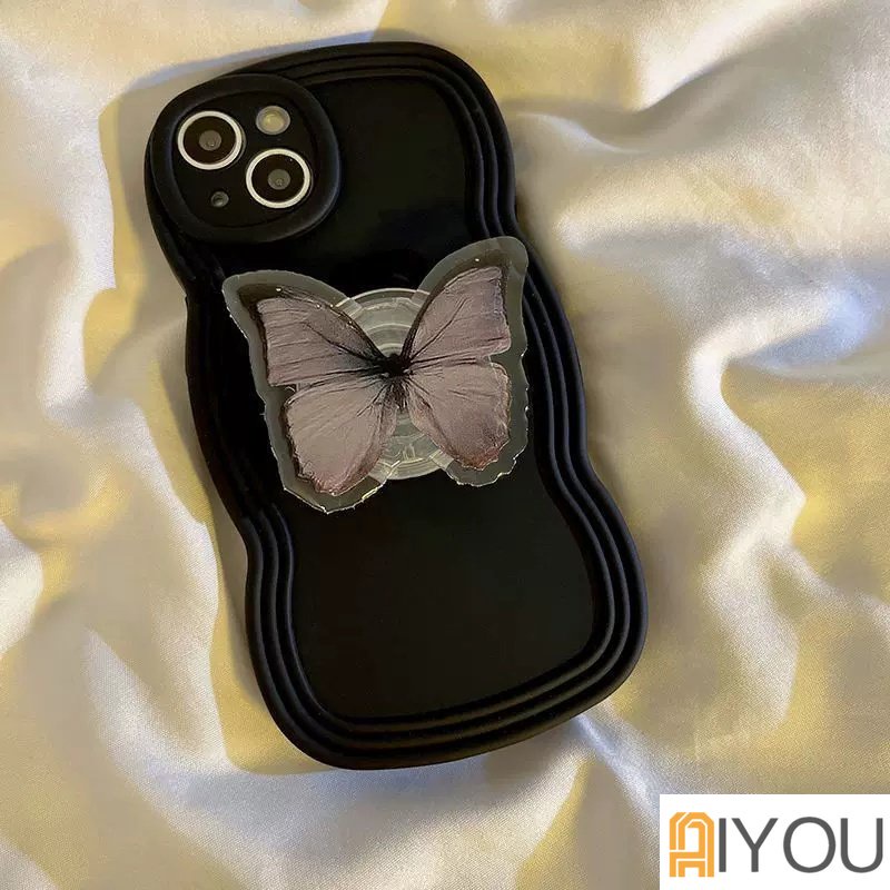 IPHONE Luxury Ins Korea Lucu Irregular Cloud Specular Bracket Gelombang Hitam Case Untuk Iphone14 13 12 11 Pro Max Kawaii Soft Cover Funda