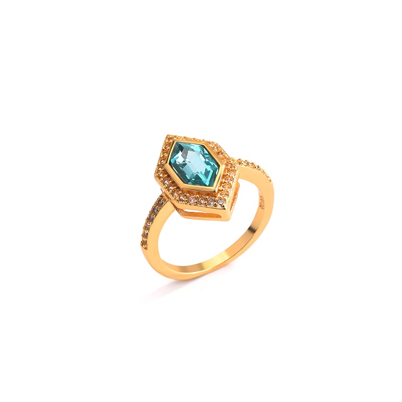 Goldkingdom Aksesoris Perhiasan Fashion Ready Stock Berbentuk Cincin Pertunangan Topaz Biru Navy Berlapis Dengan Pita Emas 18k