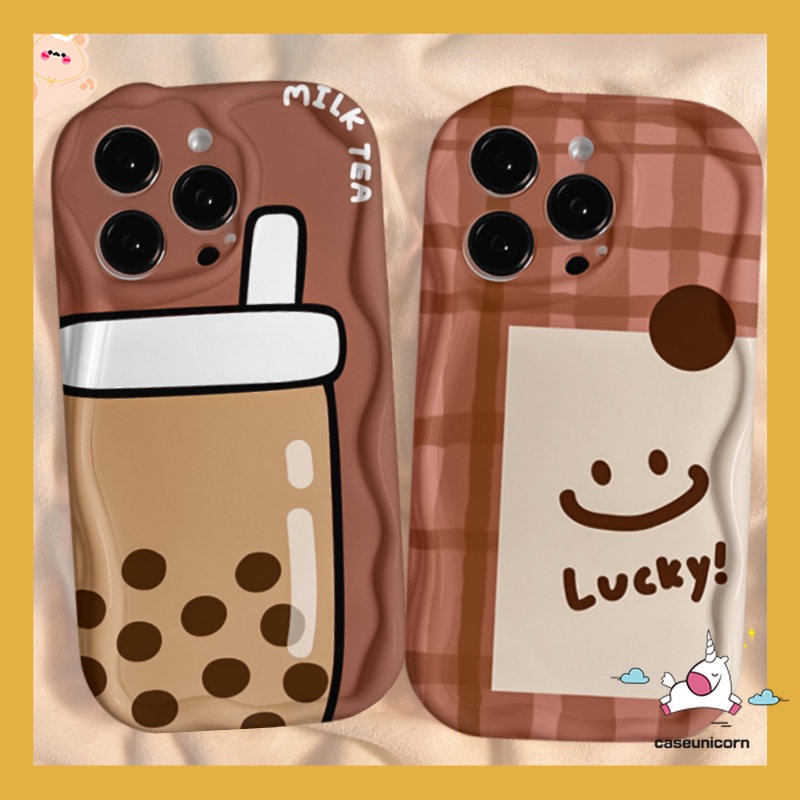 Casing Ponsel Tepi Melengkung Bergelombang Kreatif 3D Kompatibel Untuk iPhone 7Plus 8Plus XR 11 14 13 12 Pro Max6 6s 7 8 Plus X XS Max SE 2020 Lembut Tpu Kartun Teh Susu Smiley Lucu Penutup Belakang