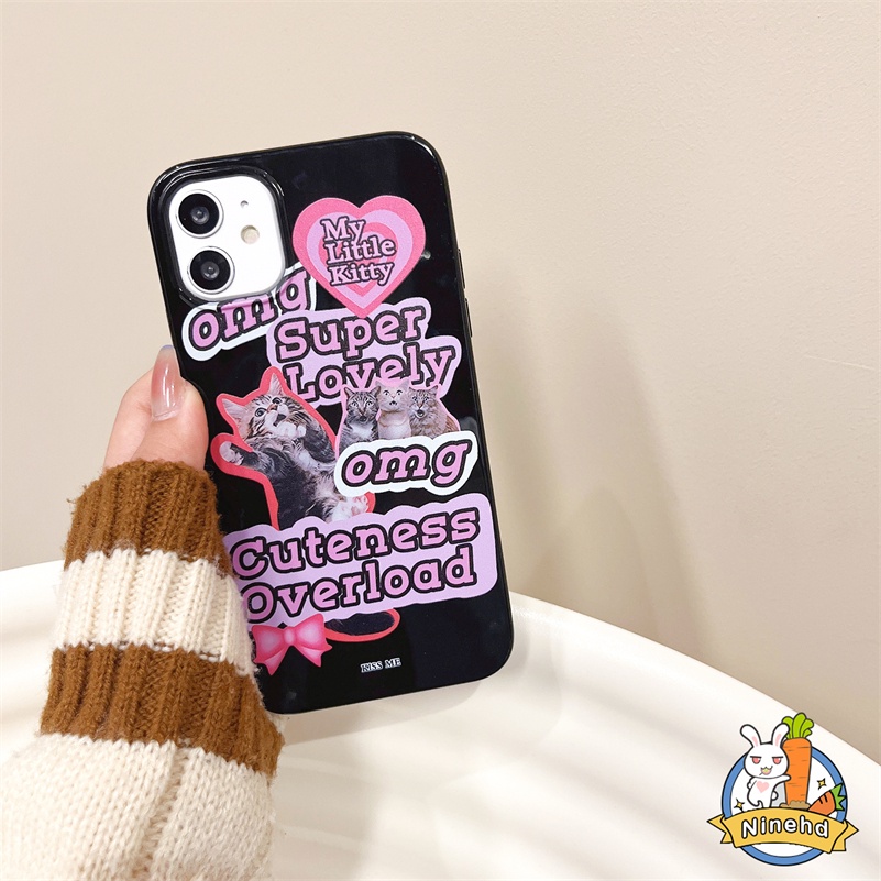 IPHONE Casing Kompatibel Untuk Iphone14 13 12 11 Pro Max X Xr Xs Max8 7 6 6s Plus SE 2020 Ins Label Keren Kucing Lucu Casing Ponsel Hitam Full Cover Shockproof Halus Glossy Lembut TPU Penutup Belakang