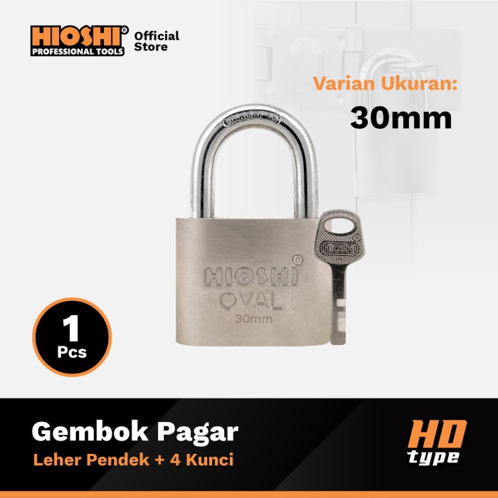 HIOSHI /Gembok Oval/LEHER PENDEK/Besi/Baja/Pagar/Satin/30 40 50 60 mm/Blister/Kunci 4bh - HD