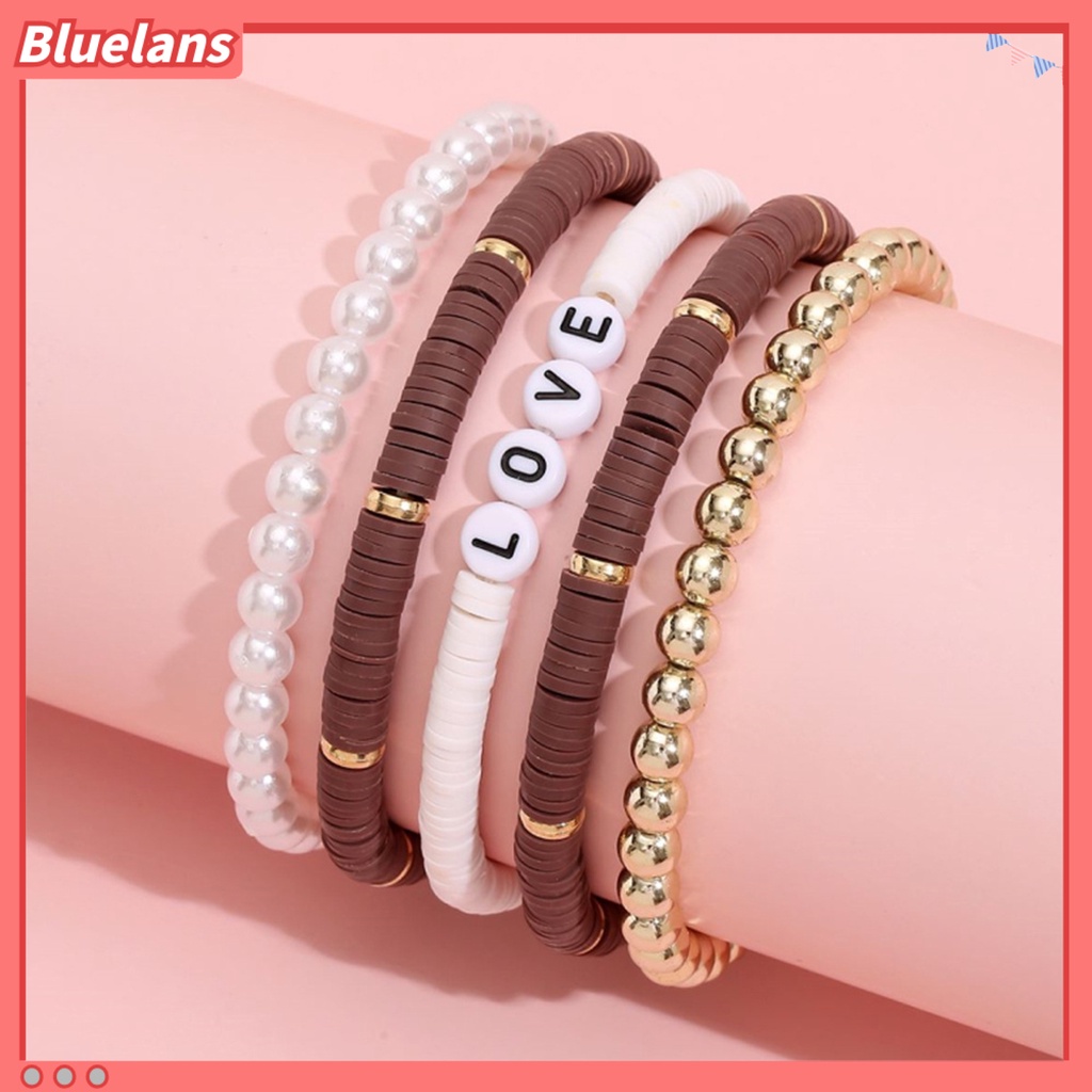 [BLS] 5pcs Unisex Gelang Warna-Warni Bohemian Polymer Clay Love Huruf Mutiara Imitasi Gelang Untuk Pesta