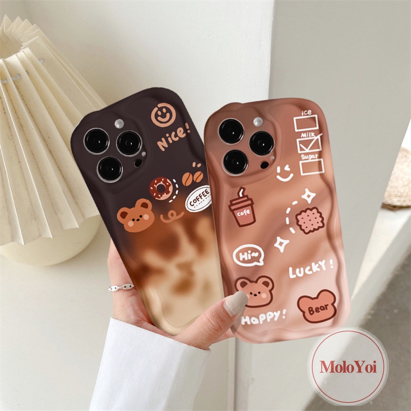 IPHONE Smiley Coffee 3D Wavy Curved Edge Glossy Case Kompatibel Untuk Iphone11 12 13 14 Pro Max XR X XS Max 7Plus 8 6s 6 7 Plus SE 2020 Lucu Kartun Beruang Gradien Telepon Tpu Soft Cover