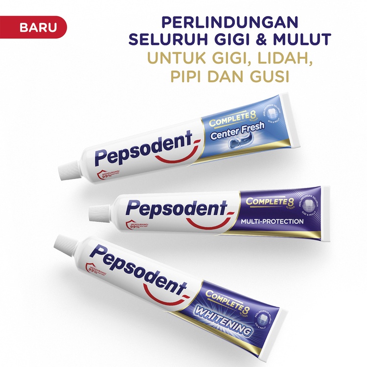 Pepsodent Complete 8 Plus Whitening Pasta Gigi Anti Bakteri Gigi Putih dalam 2 Minggu 190g ( BIRU)
