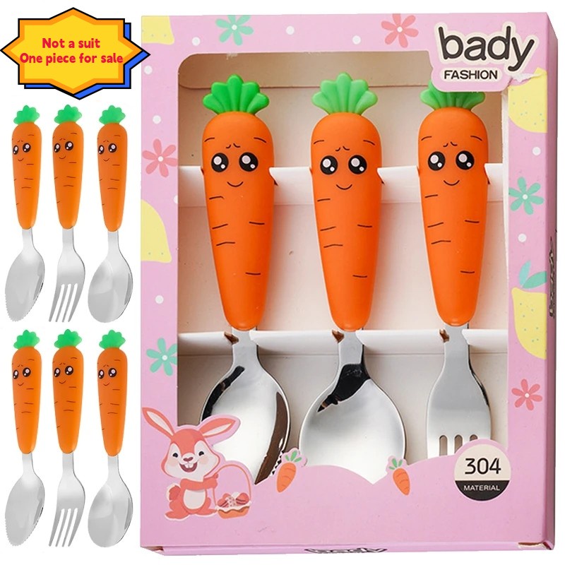 Carrots Stainless Steel Spoon Fork Mud Scraper Tableware/Kartun Carrots Colorful Soup Spoon With Long Handle/Alat Makan Bayi Lucu Gadget/Perlengkapan Peralatan Makan Yang Berguna Dapur