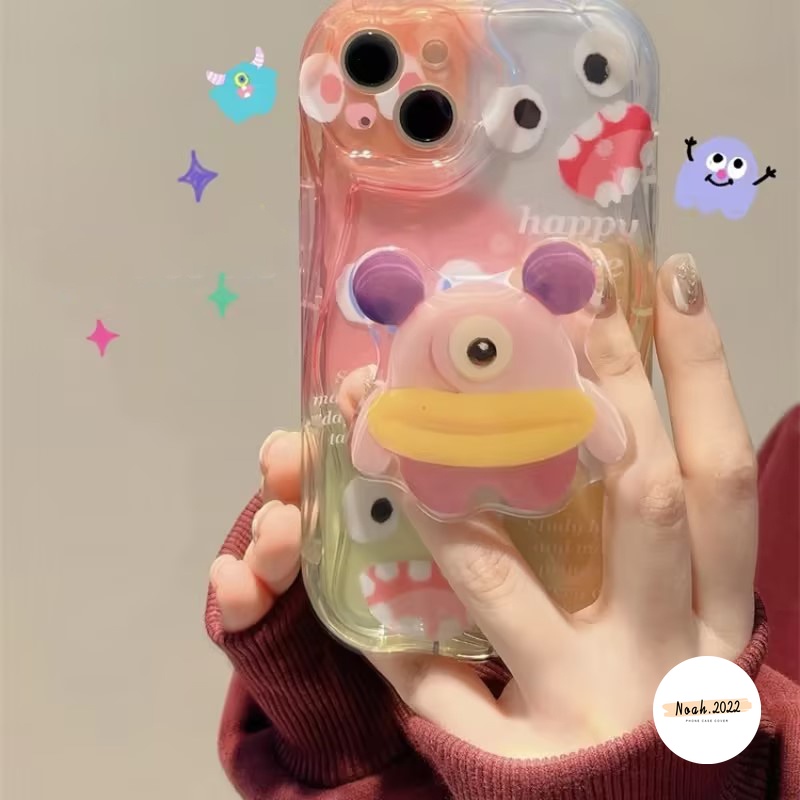 IPHONE Kartun Casing Ponsel DIY Kompatibel Untuk Iphone6 6s 7 8 Plus 11 14 13 12 11 Pro Max XR X XS Max SE Monster Kecil Lucu Dengan Holder 3D Wavy Curved Edge Soft Glossy Shockproof Cover