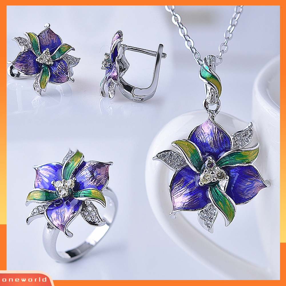 [ONE] Wanita Berlian Imitasi Bertatahkan Enamel Bunga Liontin Kalung Anting Cincin Perhiasan