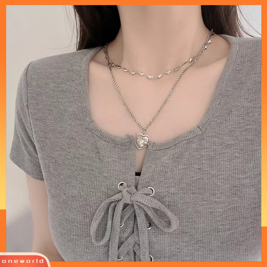 [ONE] Cinta Hati Liontin Kalung Dual Layers Rantai Elegan Keren Adjustable Titanium Steel Remaja Perempuan Klavikula Necklace