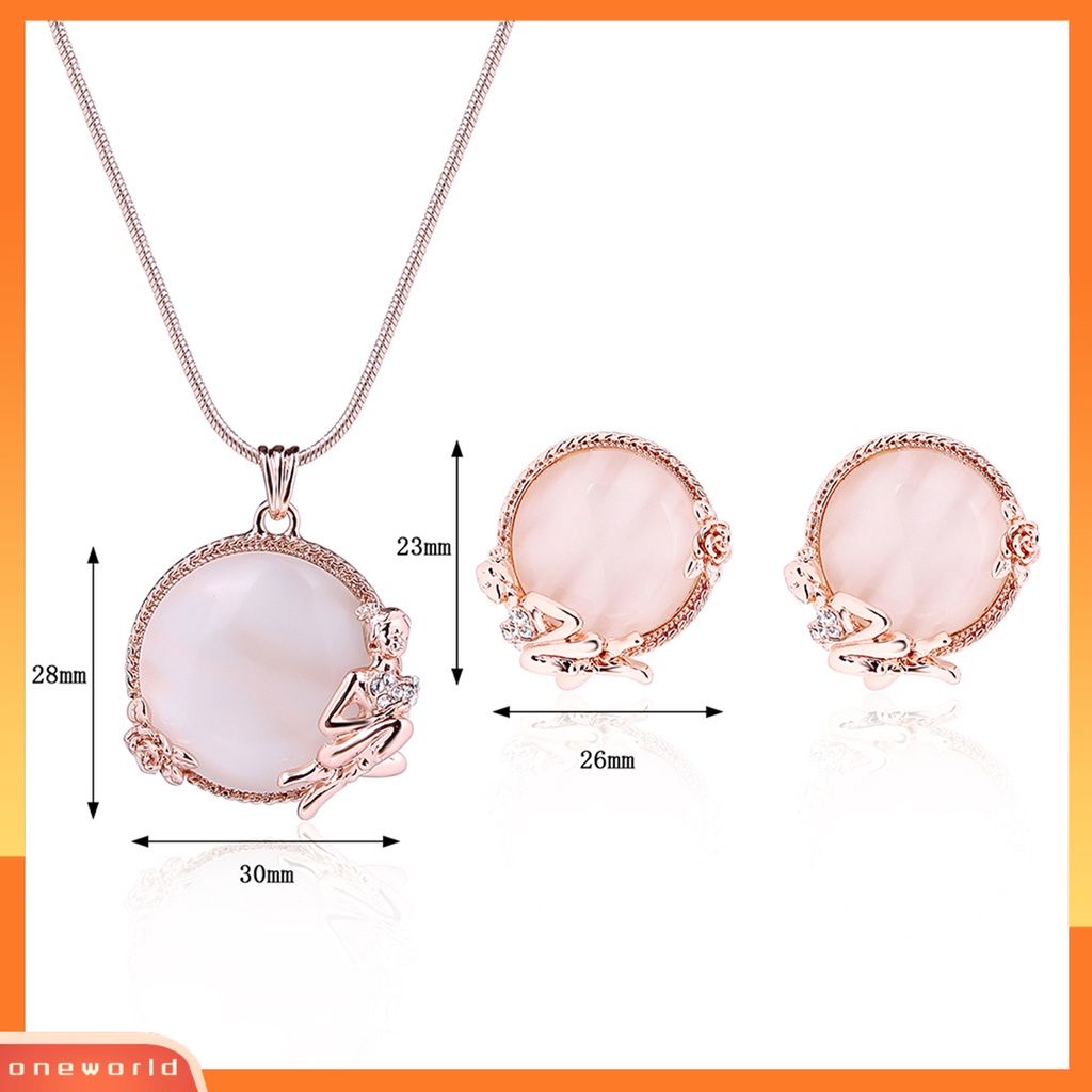 [ONE] 1set Kalung Anting Set High Gloss Bulat Opal Electroplating Kristal Imitasi Dress Up Stud Earrings Pendant Kalung Set Perhiasan Aksesori