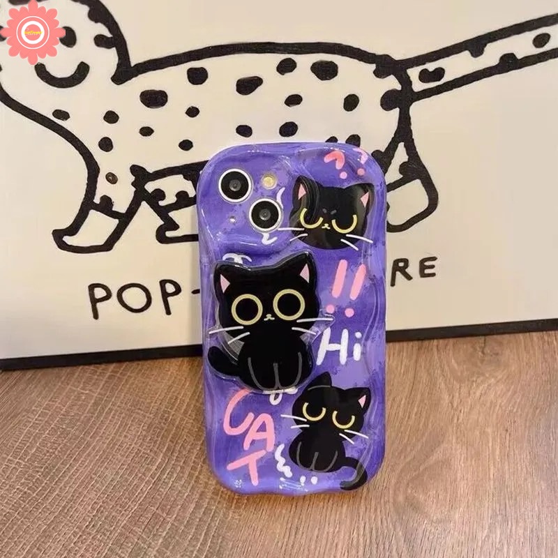 Case Kucing Lucu Kartun Dengan Bracket Untuk Oppo A17 A7 A15 A12 A16K A5 A9 A16s A3s A95 A5s A16 A57 A17k A96 A54s A54 A74 A31 A53 A55 A92 A1k A16E A77 A52 A76 3D Penutup Tepi Bergelombang Lengkung