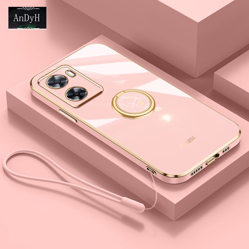 Andyh Casing Ponsel Silikon Ultra Tipis Untuk OPPO A57 4G 2022 A77 4G A57E A57S 4G Deluxe Perlindungan Jatuh Pita Emas Dengan Jam Cincin Dan Lanyard Gratis