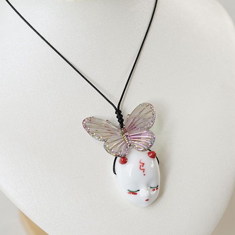 Ins Butterfly Ceramic Face Pendant Vintage Kalung Choker Untuk Wanita Perhiasan Aksesoris Hadiah