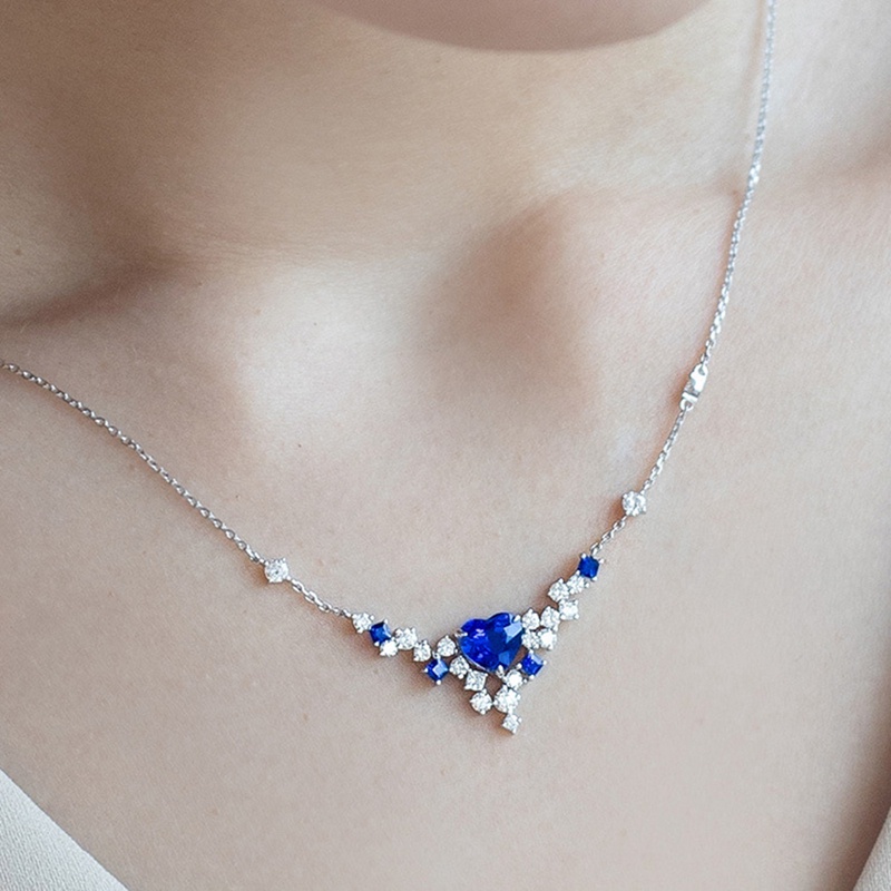 Baru Mewah Buatan Royal Safir Berbentuk Hati Kalung Rantai Klavikula Perjamuan Wanita Pernikahan Perhiasan