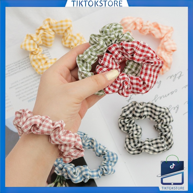 TIKTOK - D6117 Scrunchie Kunciran Rambut Motif Petak / Ikat Rambut Gaya Korea / Scrunchie / Hair Tie Fashion / Ikat Rambut Motif Petak F5130