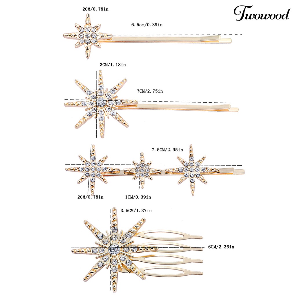 Twowood 4Pcs/Set Bentuk Bintang Jepit Rambut Pengantin Berlian Imitasi Bersinar Klip Rambut Pernikahan Dekorasi Aksesoris Fashion