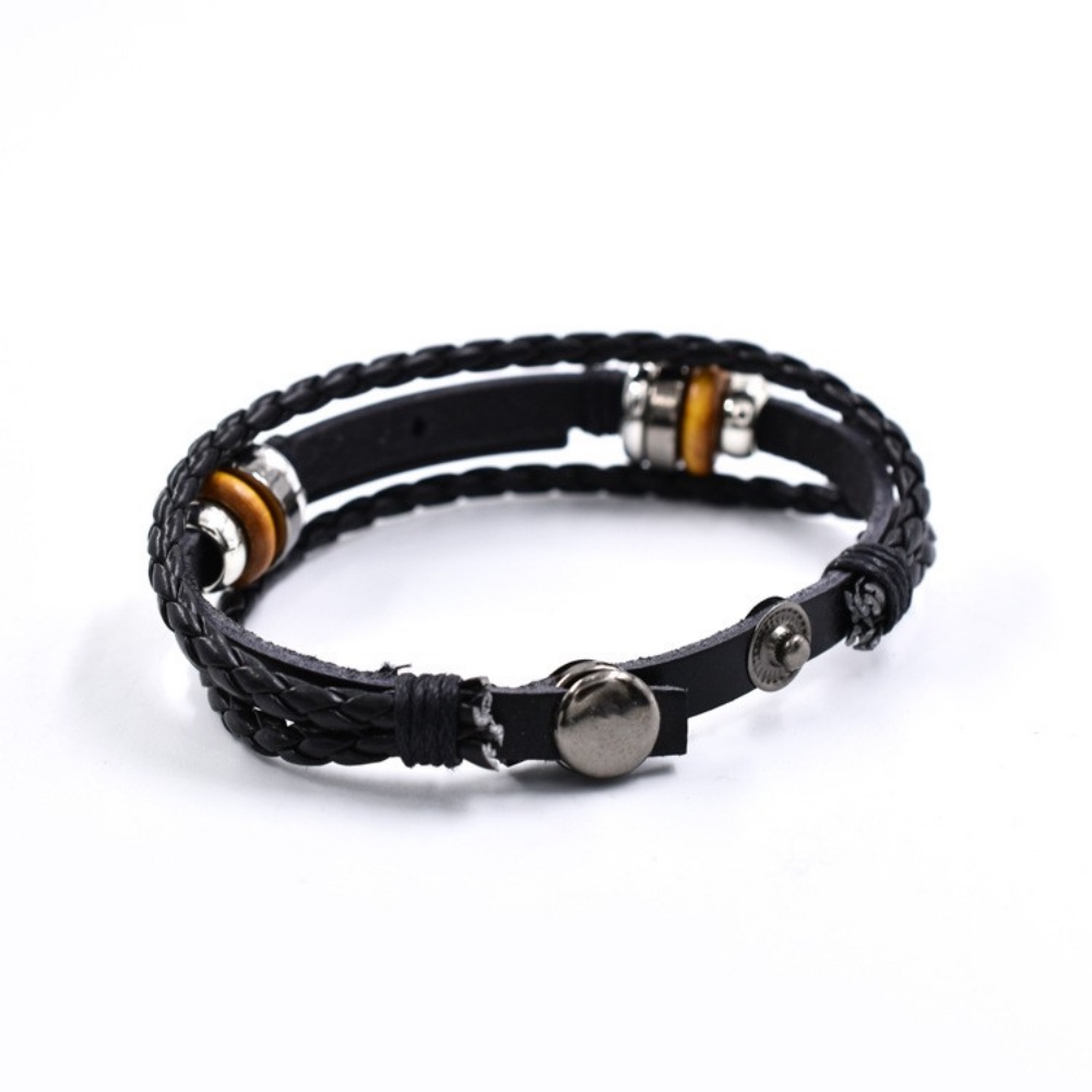 [X C Gelang] Baru Sederhana Huruf Elemen Gelang Kulit Hitam Vintage Hip Hop Punk Gelang Kulit Lengan Manik-Manik Multilayer Paduan Seng Tenun Gelang