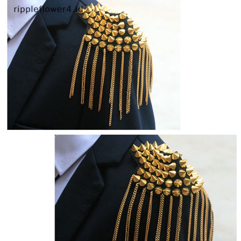 {rippleflower4.id} 1pc Vintage Rivet Rumbai Link Rantai Papan Epaulet Lencana Bahu Bros Punk~