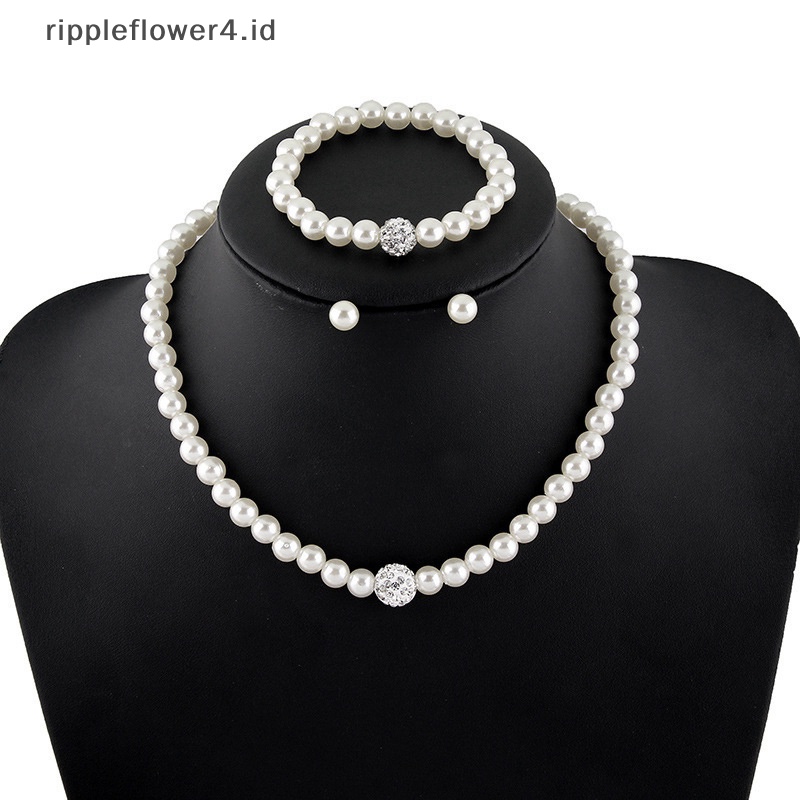 {rippleflower4.id} 3in1 Set Wanita Pengantin Pernikahan Set Berlian Imitasi Mutiara Imitasi Kalung Gelang Anting Pesta Perhiasan Hadiah~
