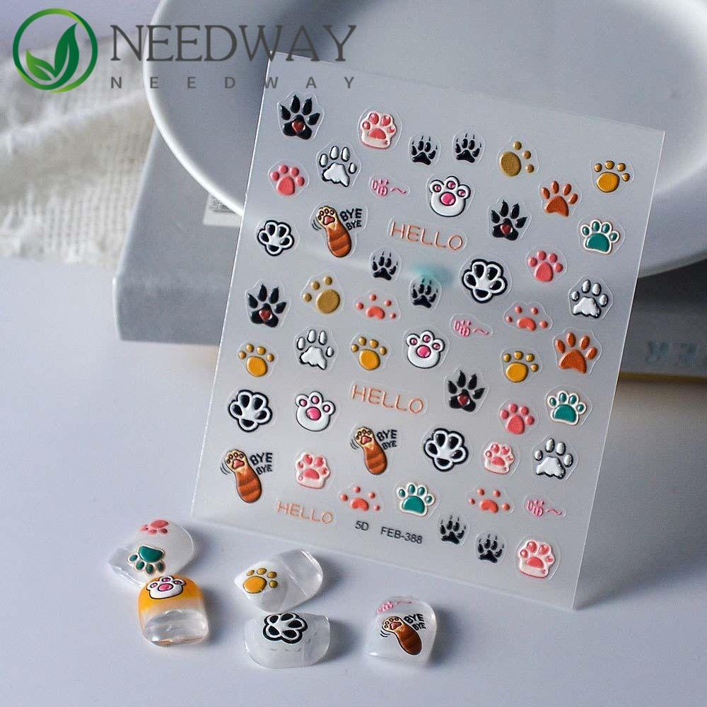 Needway  Kartun Stiker Kuku Wanita Musim Semi Hewan 5D Relief Bear Paw Self Adhesive Nail Dekorasi