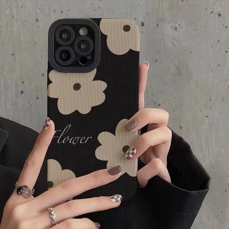 All New Lamb Skin Pretty Black Art Flower Soft Case IPhone 7 Plus 8 Plus X XS XR XS Max 11 13 12 14 PRO Max 14 Plus SE Phone Case Girl Girl Women' Fashion Black Flower Case