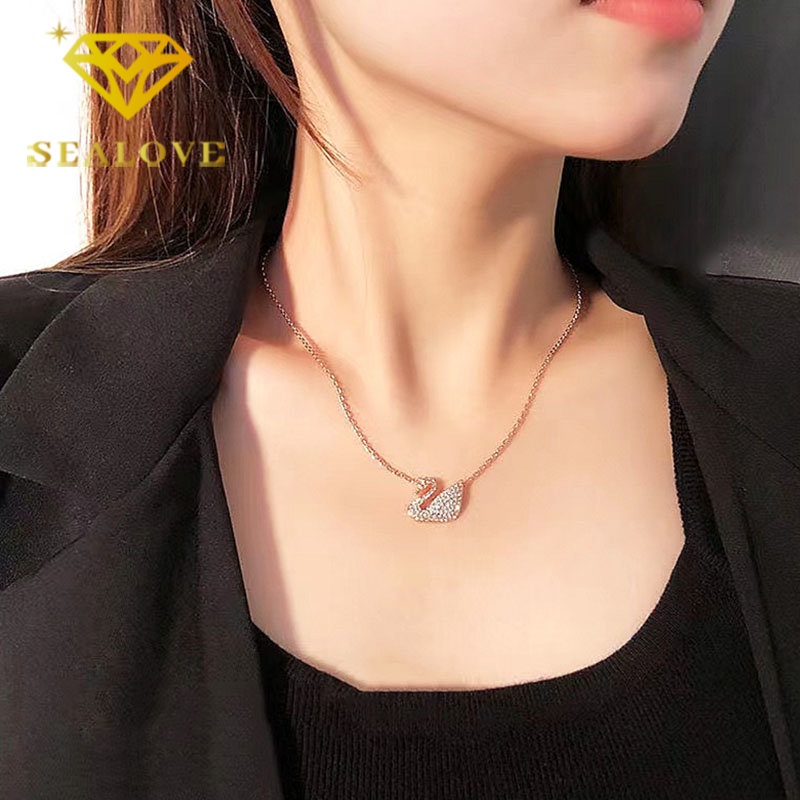 Kalung Titanium Wanita Anti Karat Swan Angsa Berlian Emas 18K Cantik Mewah Korea Aksesoris Perhiasan