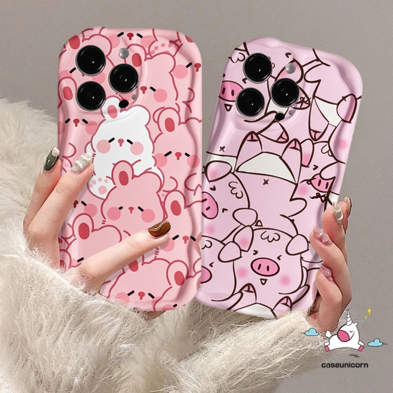 IPHONE 3d Wavy Curved Edge Kartun Kelinci Indah Pasangan Case Kompatibel Untuk Iphone13 11 7Plus 14 12 Pro Max XR 6 7 8 6s Plus X XS Max SE 2020 Glossy Fashion Babi Lucu Tpu Soft Cover