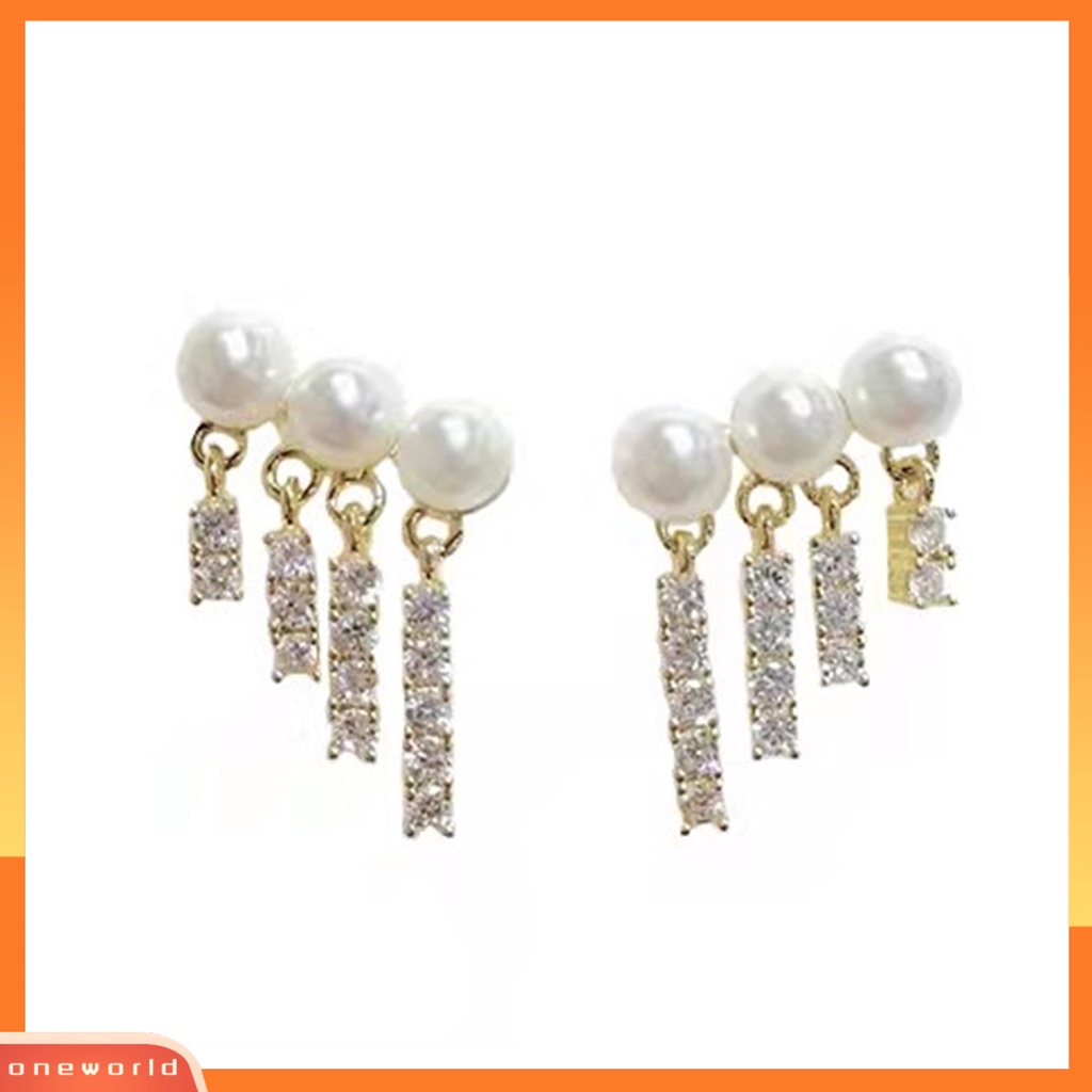 [WOD] 1pasang Ear Studs Elegan Mengkilap Berlian Imitasi Bertatahkan Berkilau Geometris Hias Hadiah Wanita Mutiara Imitasi Rumbai Menjuntai Stud Earrings Perhiasan Untuk Perjamuan