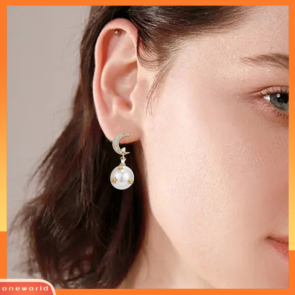 [WOD] 1pasang Anting Menjuntai Shiny Asymmetric Ear Decoration Gaya Korea Anting Temperamen Mutiara Imitasi Bintang Dan Bulan Untuk Pacaran