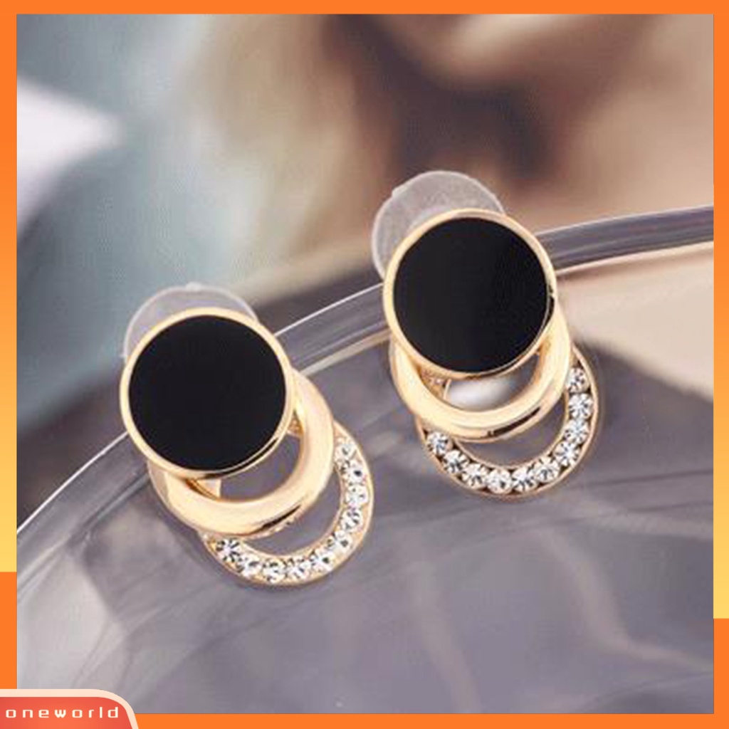 [WOD] 1pasang Ear Studs Multi-layer 3cincin Bulat Lingkaran Hitam Hadiah Fashion Perhiasan Berlian Imitasi Berkilau Wanita Anting Untuk Harian